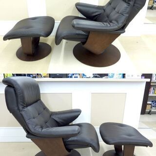 札幌市/清田区 状態良好!!カリモク家具/karimoku リクライニングチェア THE FIRST RU72 S+サイズ オットマン RU02 Mサイズ ブラック レザー