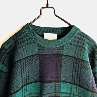 古着 ウール チェック柄 ニットセーター 緑×黒×紺 L 日本製