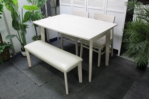 R2680) NITORI ニトリ ダイニングテーブル4点セット（スタディー120タナツキWW/DCスタディーWW/ベンチスタディー）ホワイトウォッシュ テーブル 店頭取引大歓迎♪