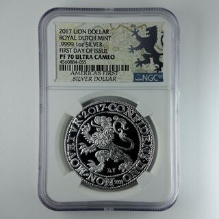 【希少な初日発行 NGC PF70UC コレクターケース・証明書付】2017年 オランダ ライオンダラー 銀貨 First Day of Issue｜アンティーク コイン