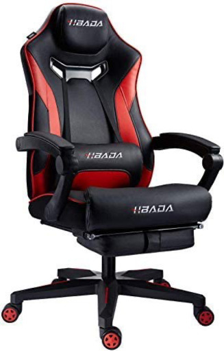 新品未開封　Hbada ゲーミングチェア オフィスチェア オットマン付き デスクチェア ゲーム用チェア 耐荷重150kg静音キャスター リクライニング パソコンチェア ハイバック ヘッドレスト ランバーサポート 昇降アームレスト 腰痛対策 ひじ掛け付き PUレザー レッド 幅70×奥行70×高さ113-123cm(座面高43-52cm)