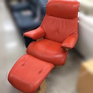 J486 Karimoku カリモク パーソナル リクライニングチェア ザ・ファースト RU74 本革 オットマン（RU02）付き オレンジ クリーニング済み