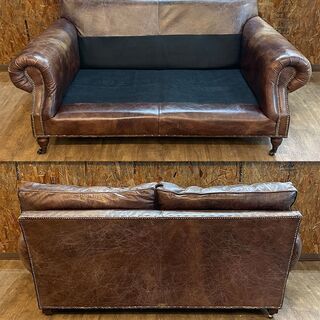 【 値下げ!! 】　 (Y)北大前! 札幌 引取 HALO/ハロ アスプルンド BALMORAL/バルモラル 2P SOFA 2人掛けソファ ブラウン 牛革 本革レザー ヴィンテージ加工 英国スタイル 