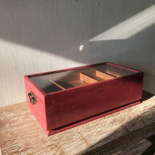 8 木製ボックス　ショーケース　木箱　チーク材　ガラス蓋　PI