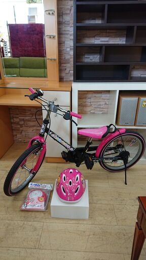 美品 使用少なめ 子供用 自転車 18インチ RAKUSHO ブラック×ピンク ディズニーのヘルメット＆未使用の補助車輪付き ☆配達可能 買取帝国 朝霞店