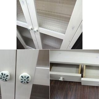 札幌 引き取り 木製×ガラス キャビネット/食器棚 カントリー調 引き出し付き 収納棚