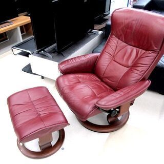 札幌市/清田区 EKORNES/エコーネス ストレスレスチェア オットマン付 1人掛け リクライニング シングルソファ ワインレッド 2個口発送