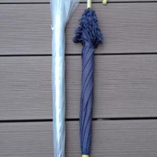 紺にドット柄の日傘 と 特大(70cm)ビニール傘 2本セット