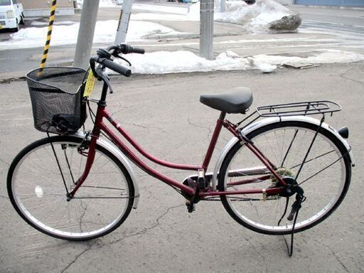 ◇自転車 26インチ シティサイクル 6段変速  ライト付き えんじ色 ママチャリ カゴ付き 札幌市東区 新道東店