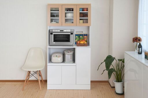 キッチンボード幅90　ナチュラル×ホワイトの2トーンカラーがおしゃれ　食器棚　ラック　大量収納