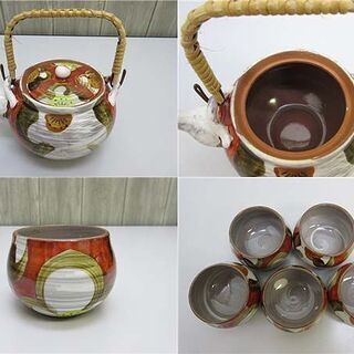 ss0390【中古】 山水土瓶茶器7点セット 茶箪笥 急須 湯呑5客 湯のみ