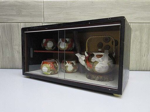 ss0390【中古】　山水土瓶茶器7点セット　茶箪笥　急須　湯呑5客　湯のみ　湯呑み　茶道具　茶　和食器　茶棚　ミニタンス　レトロ　和風　アンティーク　インテリア