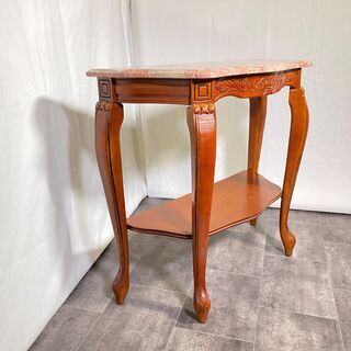 コンソールテーブル 大理石風天板 石天板 茶 猫脚 アンティーク 中古品