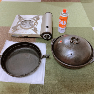 【無料セット】カセットコンロ、すき焼き鍋、土鍋