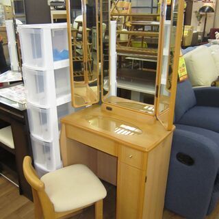 R222 三面鏡ドレッサー、椅子セット、幅60cm 美品
