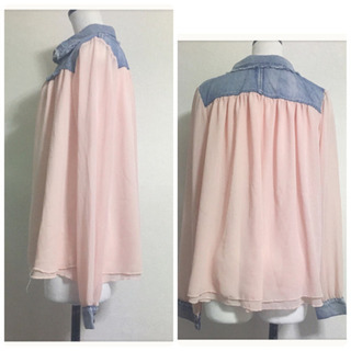 ご購入者様決定 デニム シフォン 異素材ミックス ブラウス ピンク長袖フリンジ ダンガリーシャツ ご購入者様決定 デニム シフォン 異素材ミックス ブラウス ピンク長袖