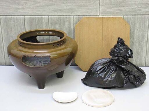 ss2307　金森寛斎作　唐銅　朝鮮風炉　茶道具　からかね　灰付き　蓋付き　アンティーク　和小物　古道具　レトロ　金属製　直径30cm