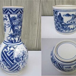 ss2308　西尾瑞豊作　染付祥瑞　皆具　4点セット　茶道具　水指　杓立て　建水　蓋置き　白地　青　絵付け　共箱入り　茶の湯　和食器　和風