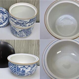 ss2308　西尾瑞豊作　染付祥瑞　皆具　4点セット　茶道具　水指　杓立て　建水　蓋置き　白地　青　絵付け　共箱入り　茶の湯　和食器　和風