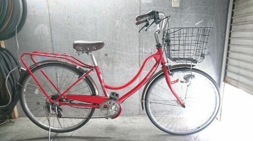 自転車中古 CATERADO マルキン 6段変速 オートライト カゴリアキャリア付き 鍵新品 タイヤ26インチ カラーレッド