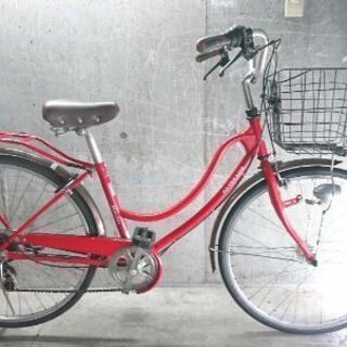 自転車中古 CATERADO マルキン 6段変速 オートライト カゴリアキャリア付き 鍵新品 タイヤ26インチ カラーレッド