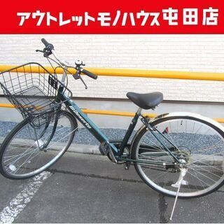 27インチ自転車 切替 カゴ付きシティサイクル ライトOK 濃緑...