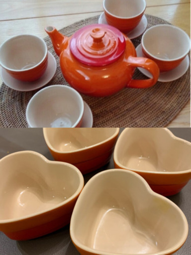 ル・クルーゼ　茶器セット+ハート型ココット　オレンジグラデーション