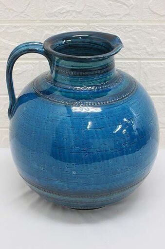 ss1257　陶器製　花瓶　水差し型　イタリア製　青　花模様　ブルー　手付き　取っ手　花器　イタリー製　ITALY製　焼物　大きめ