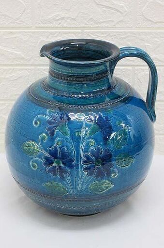 ss1257　陶器製　花瓶　水差し型　イタリア製　青　花模様　ブルー　手付き　取っ手　花器　イタリー製　ITALY製　焼物　大きめ
