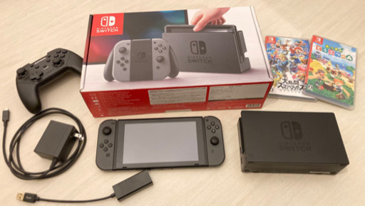 中古ニンテンドースイッチ本体 ジョイコン(L)/(R)グレー　＋　コントローラー、優先LANアダプター、ソフト2本付き