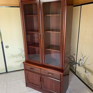 中古 本棚 高さ183cm 横幅88cm ガラス扉 引出し付き ...