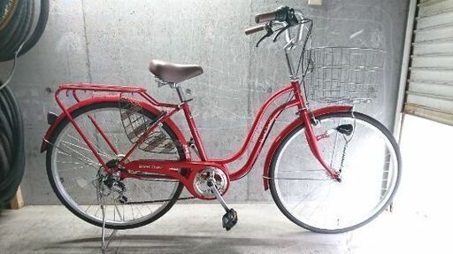 自転車中古 Escort Town 外装6段変速 オートライト カゴリアキャリア鍵付き  タイヤ26インチ カラーレッド