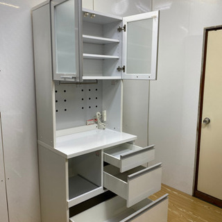 限定価格！食器棚 キッチンボード レンジボード キッチン 家電収納　WHITE キッチンボード キッチン収納 幅90cm ホワイトウォッシュ ガラス扉