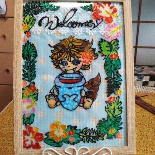 ハンドメイド　ステンドグラス　かりゆし　じんべい　硝子絵の具