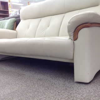 アイボリー 革製 3人掛けソファー【9650707】