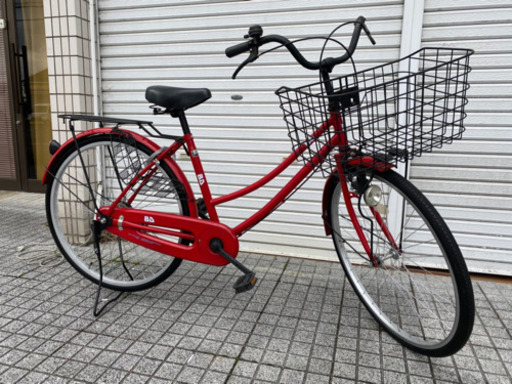 【中古自転車】26インチ変速なし　赤色　大きな前カゴ付　鍵新品❗️スペアキー付　若林自転車　唐崎　SALE中❗️