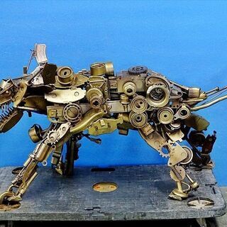 山口)オブジェ・オーナメント置物 犬 ロボット 金属部品の溶接オブジェ 全長92×奥行38×高さ54cm 現状品 BIZHD42H