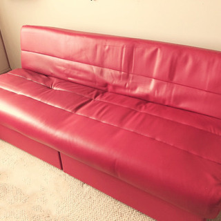 【ネット決済】赤いソファベッド シングル 全面合皮レザー張り 収...