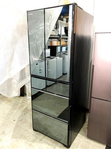 札幌近郊　送料無料　HITACHI 6ドア冷蔵庫 R-X5700F ブラック 鏡面ガラス 自動ドア 真空チルド 大型 大容量 黒 観音　フレンチドア