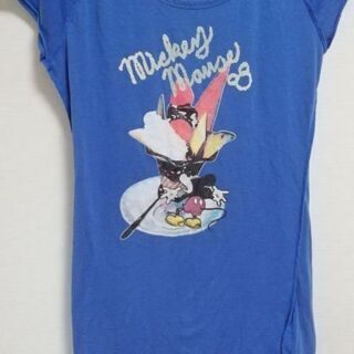 ミッキーマウス　フレンチスリーブ　ロングTシャツ ブルー　Mサイズ