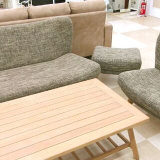 札幌市発 程度良好 無垢材家具 SabiSabi/サビサビ 2人掛けソファ 1掛けソファ オットマン 3点セット ファブリック 旭川家具