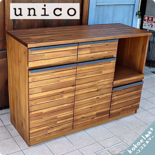 unico(ウニコ)のSWELLA(スウェラ)のキッチンカウンターオープンW1200です！アカシア材×アイアンの西海岸スタイル。男前インテリアにもお勧めのおしゃれな収納、キッチンボードです！