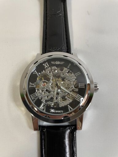 ◆処分値下げOK新品・未使用◆機械式腕時計黒 クロノグラフ アンティーク スケルトン シルバー ウィナー
