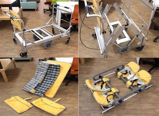 (Y)北大前! 札幌 引取 五十畑工業/スワニー 中型4シートお散歩カー B032173 イエロー シート取外,折畳可/安心ブレーキ,ベルト有 幼児 ベビーカー 現状 