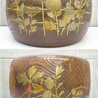 ss2401 木製 火鉢 彫刻 螺鈿細工 灰付き 木彫り 中型 暖房器具