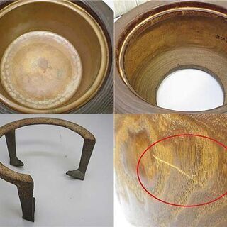 ss2401 木製 火鉢 彫刻 螺鈿細工 灰付き 木彫り 中型 暖房器具