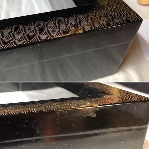 e615 炉縁 青海波蒔絵 共箱 在銘 木製 漆塗 蒔絵 茶道具