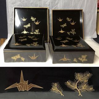 e631 重箱 盆 木製 漆塗 蒔絵 若松折鶴蒔絵 二段重箱 蓋2枚 盆2枚 木箱入り 
