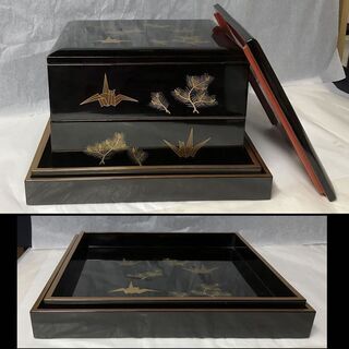 e631 重箱 盆 木製 漆塗 蒔絵 若松折鶴蒔絵 二段重箱 蓋2枚 盆2枚 木箱入り 