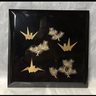 e631 重箱 盆 木製 漆塗 蒔絵 若松折鶴蒔絵 二段重箱 蓋2枚 盆2枚 木箱入り 